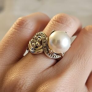 Ornate Sterling Silver Statement Chunky Pearl Floral Ring Size 6 Fine Jewelry